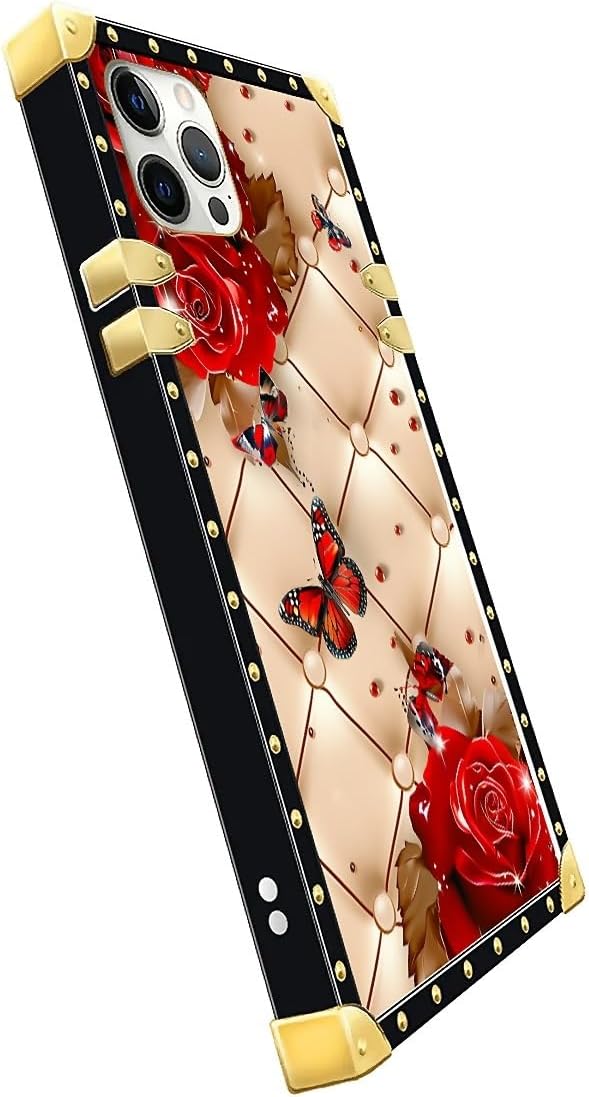 Compatible with iPhone 11 Pro Max Case, Shining Red Rose Butterfly Leather Background Luxury Golden Decoration for Girl Women Soft TPU Shockproof Protective Hard PC Back