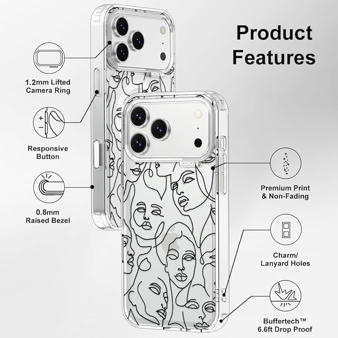 MOSNOVO for iPhone 17 Pro Max Case | Military Grade 6.6ft Drop Tested | Camera Control | Clear with Abstract Face Line Art Design