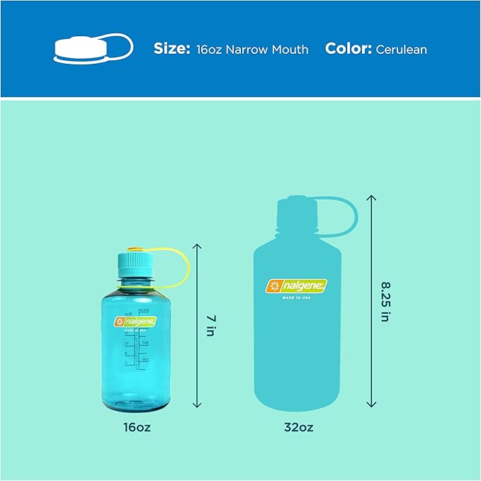 Nalgene 16 oz Narrow Mouth Water Bottle | BPA-Free, Durable & Leak Proof, Lightweight Travel Bottle, Fits In Cupholders, Cerulean