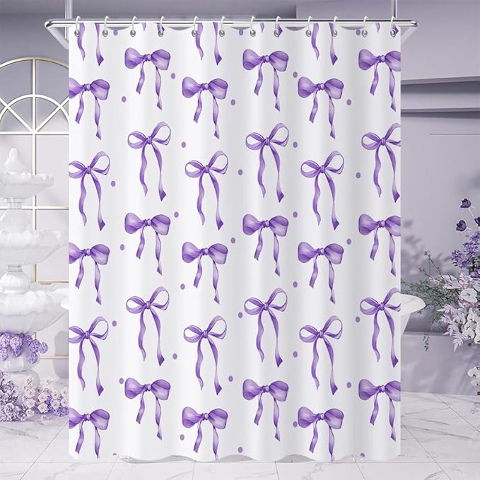 Purple Bow Shower Curtain, Purple and White Modern Aesthetic Bowknot with Polka Dot Cute Girly Bathroom Curtain Waterproof Fabric Machine Washable with Hooks, 72" Wx72 L