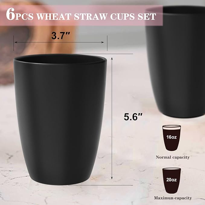 Homienly Kitchen Cups 20oz Wheat Straw Cups-6 pcs Lightweight cups Unbreakable & Reusable Glassware Set Stackable for Party,Camping,Picnic-Black