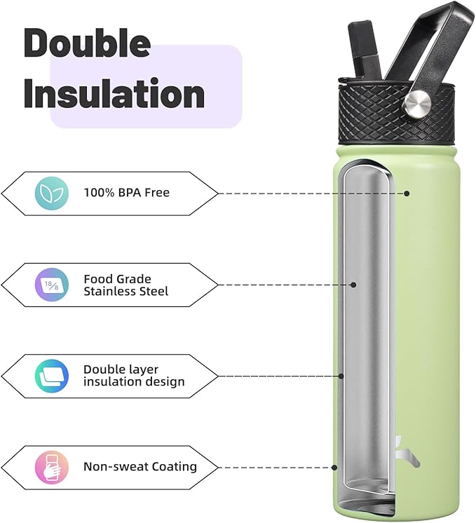 Konokyo 22oz Stainless Steel Bottles with 3 Lids Sport Insulated Water Bottle,Macaron Green