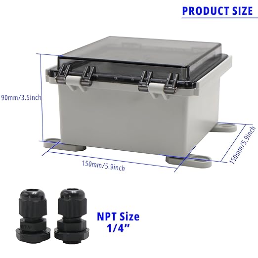 MAKERELE Small Junction Box Plastic Hinged Cover Transparent Lid IP67 Outdoor Electrical Project with Plastic Enclosure 5.9×5.9×3.5 inch(150×150×90mm)
