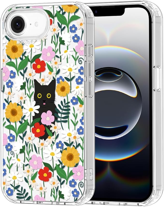 MOSNOVO for iPhone 17e Case/iPhone 16e Case, Shockproof Military-Grade Protection 6.6ft Drop Tested, Clear Phone Case for iPhone 16e / iPhone 17e, Black Cat in Garden Design
