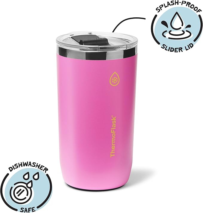 ThermoFlask Drinkware Beer Tumbler - Double-Wall Tumbler for Cold & Hot Drinks - Lightweight & Simple Drink Cup with Lid - Modern & Durable Drinking Cup - 16 oz, Shocking Pink