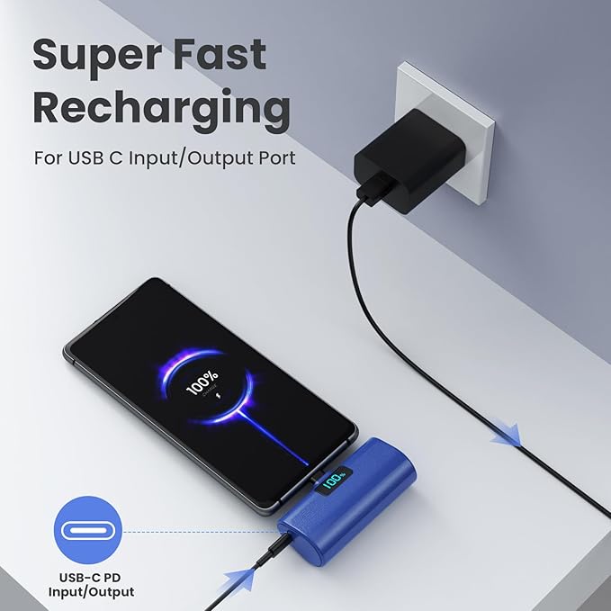 [2-Pack]Portable Charger for iPhone 17/16/15 Series,5200mAh PD USB C Power Bank Built-in USB-C Connector,Travel Battery Pack Compatible with iPhone 17/17 Pro Max/16/15 Series,Galaxy,Android-Black+Blue
