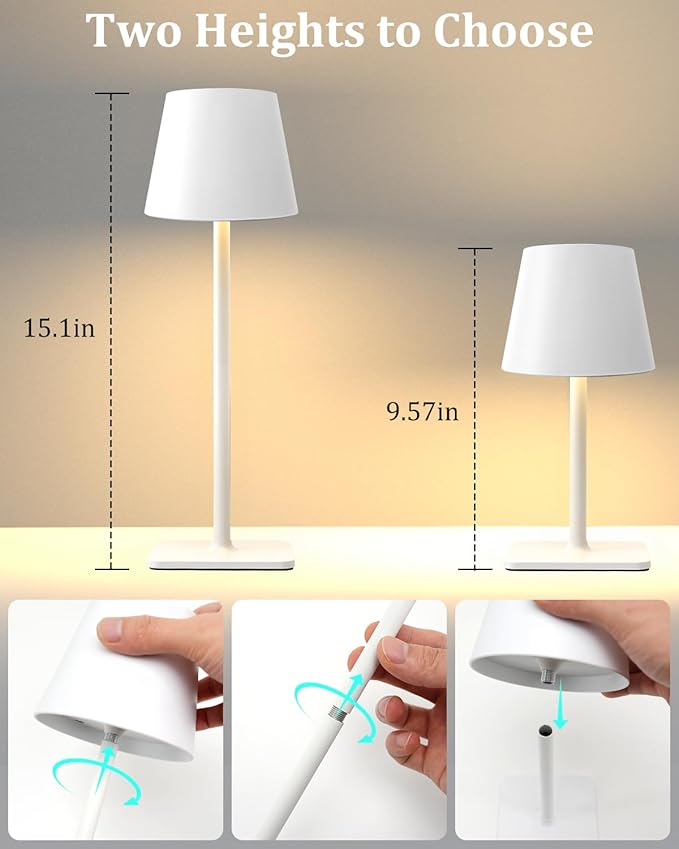 Fizrice Cordless Table Lamp Rechargeable Lamps: 6000mAh Battery Operated Table Lamp Outdoor Waterproof, Touch Control, Portable Wireless Desk Lamp for Dinner/Bedroom/Restaurant （White2 Pack