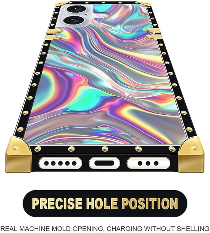 Compatible with iPhone 16 Case, Holographic Abstract Iridescent Textures Luxury Golden Decoration for Girl Women Soft TPU Shockproof Protective Hard PC Back