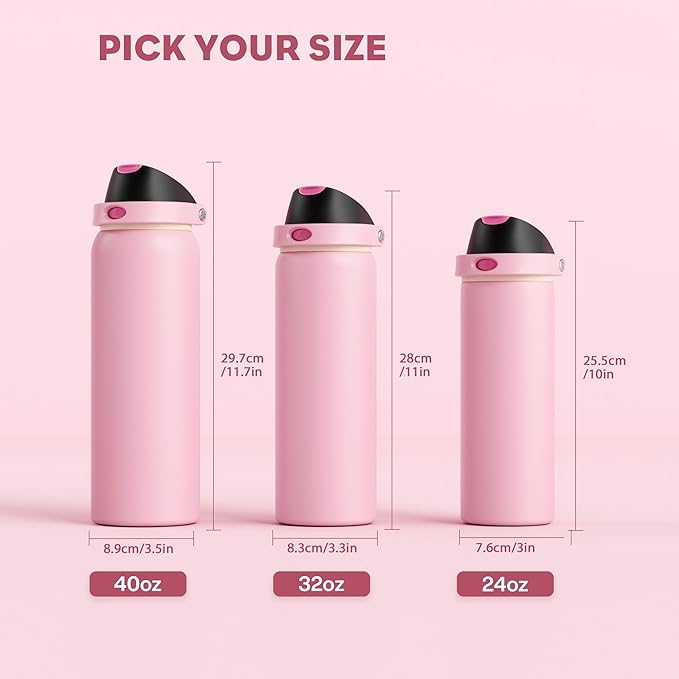 POWCAN 24 oz Insulated Water Bottle for Women: 2-in-1 Push-Button Spout & Quick-Flip Straw, Leakproof, Cold 24Hrs, Fits Car Cup Holder, Stainless Steel Cup for Sports, Camping, Gift (Polka Whimsy)