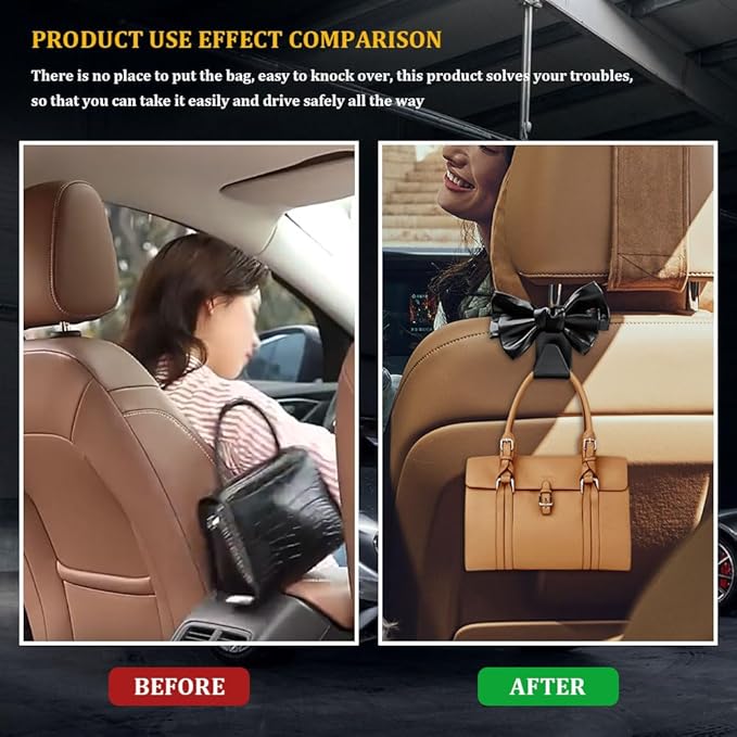 2PCS Car Hooks for Purses and Bags, Cute Bow Car Seat Headrest Hook, Car Accessories Multipurpose Back Seat Hanger Storage Organize Universal for Vehicles (2PCS-Black Bowknot)