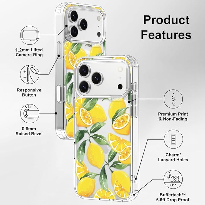 MOSNOVO for iPhone 17 Pro Max Case | Military Grade 6.6ft Drop Tested | Camera Control | Clear with Lemon Design