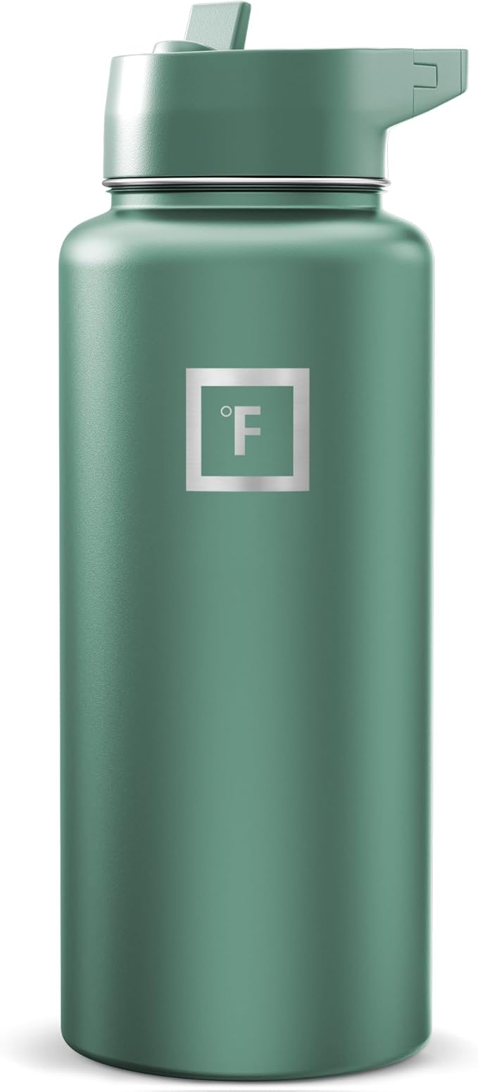 IRON °FLASK Camping & Hiking Hydration Flask with Straw, Wide Mouth Insulated Stainless Steel Sports Water Bottle - Sage 32 oz - Straw (1 Lid)