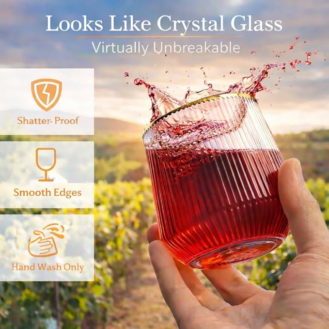 40 count 12 Ounce Ribbed Cups Origami Unbreakable Stemless Plastic Wine Champagne Whiskey Glasses Elegant Durable Disposable Indoor Outdoor Ideal for Home, Office, Bars, Wedding, Ripple (Gold Rim)