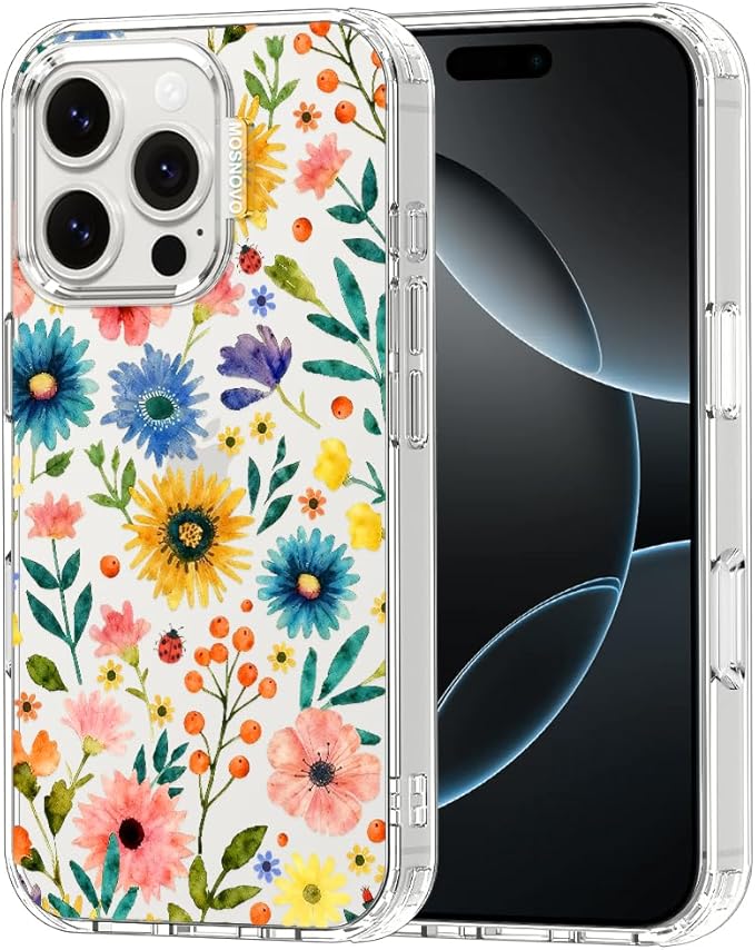 MOSNOVO for iPhone 16 Pro Case, Shockproof Military-Grade Protection 6.6ft Drop Tested, Clear Phone Case for iPhone 16 Pro, Wildflower Bloom Design