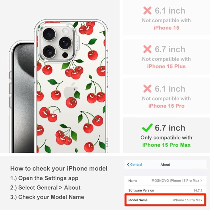 MOSNOVO Case for iPhone 15 Pro Max, [Buffertech 6.6ft Military-Grade Drop Protection] [Anti Peel Off Tech] Clear TPU Bumper Phone Case Cover Design - Cute Cherry