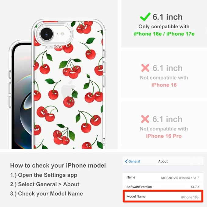 MOSNOVO for iPhone 17e Case/iPhone 16e Case, Shockproof Military-Grade Protection 6.6ft Drop Tested, Clear Phone Case for iPhone 16e / iPhone 17e, Cute Cherry Design