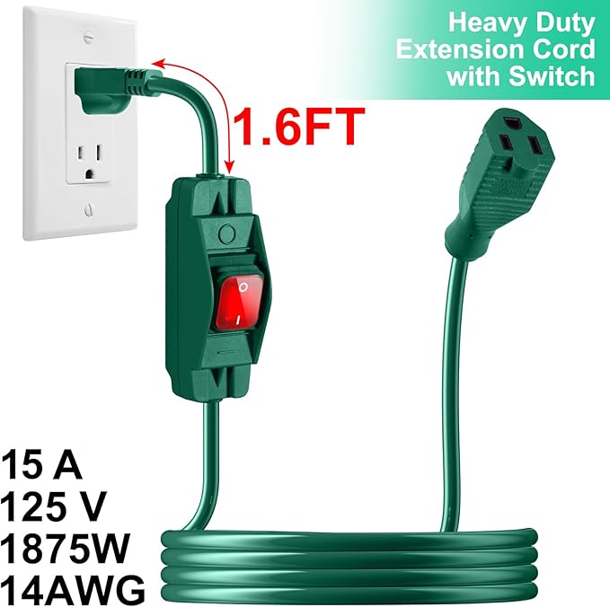 Outdoor Waterproof On/Off Switch Extension Cord, Heavy Duty 125v/250v Black SJTW Cord (6 Ft, Green)