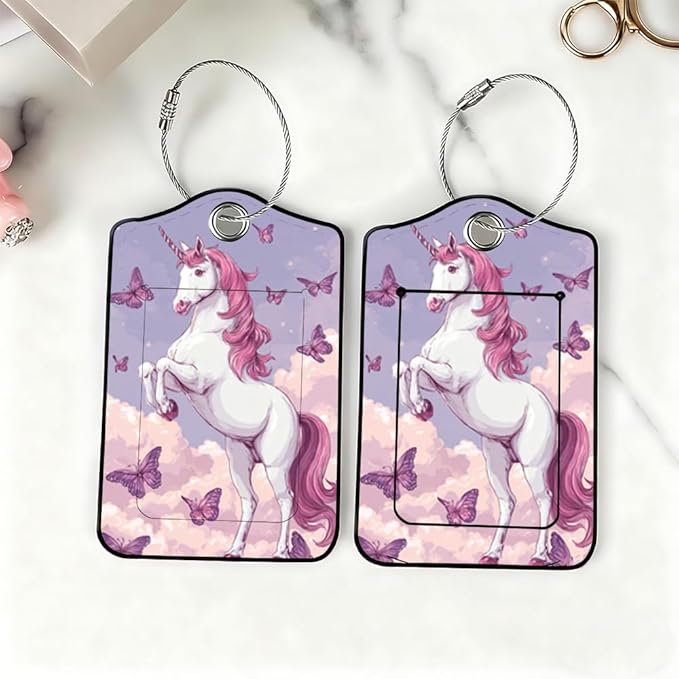 2Pcs Magical Unicorn Luggage Tags for Suitcases, 2.83x4.53 Fantasy ID Labels with Privacy Cover, Aesthetic Butterfly Bag Tags for Backpacks, Girls Graduation Gift Ideas, Set of 2