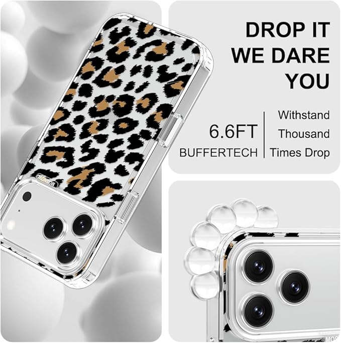 MOSNOVO for iPhone 17 Pro Max Case | Military Grade 6.6ft Drop Tested | Camera Control | Clear with Leopard Print Design