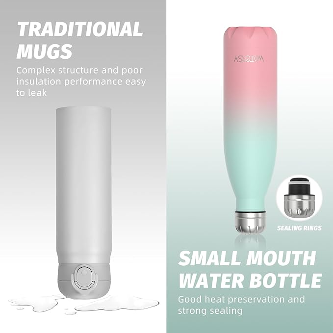 WATERSY Stainless Steel Water Bottle, 17oz/500ml Insulated Pink Bottle Keeps Drink Cold and Hot, BPA Free for School, Gym, Travel, Sports