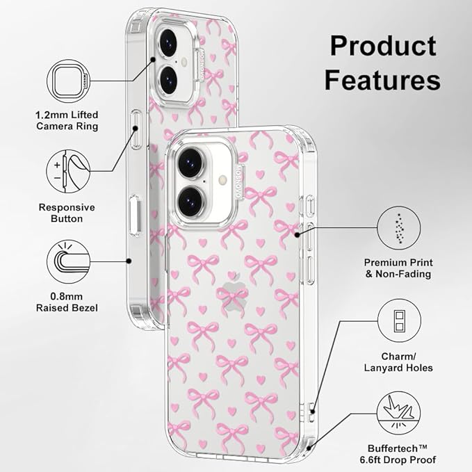 MOSNOVO for iPhone 17 Case | Military Grade 6.6ft Drop Tested | Camera Control | Clear with Bowtiful Love Design