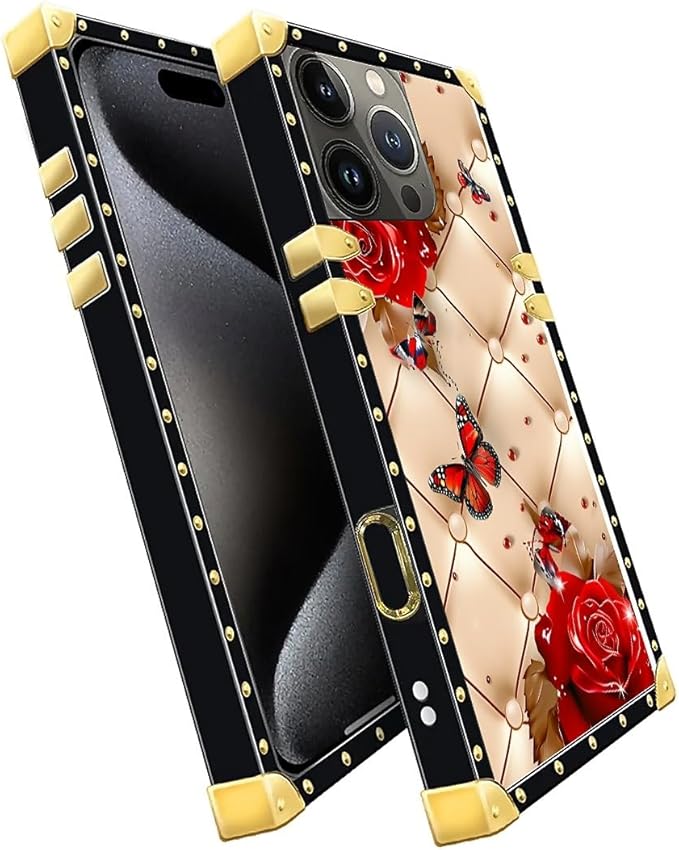 Compatible with iPhone 16 Pro Max Case, Shining Red Rose Butterfly Leather Background Luxury Golden Decoration for Girl Women Soft TPU Shockproof Protective Hard PC Back
