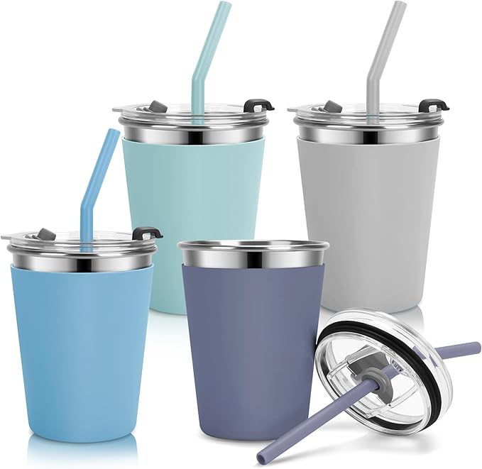 Kids Cups with Straws and Lids Leak Proof, 12oz Stainless Steel Cups for Kids Toddlers, Spill Proof Cup Stainless Steel Kid Cup with Lids for Home School, Outdoor, 4 Pack
