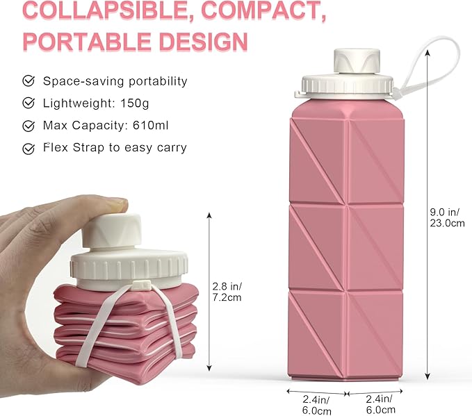 BEAUTAIL Collapsible Water Bottles 20.6oz 2 Pack, Silicone Foldable Portable Travel Water Bottle, BPA-Free Reusable Leakproof for Travel Camping Hiking Cycling Yoga Sports Outdoor (Pink+Starlight)