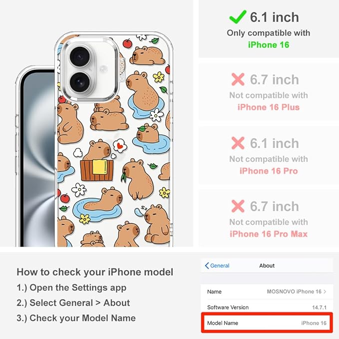 MOSNOVO for iPhone 16 Case, Shockproof Military-Grade Protection 6.6ft Drop Tested, Clear Phone Case for iPhone 16, Capybara Land Design
