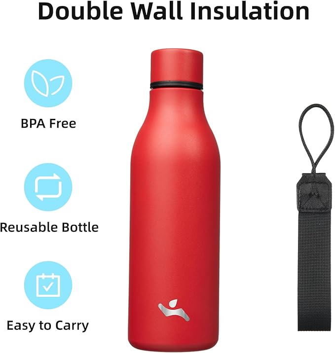Konokyo Insulated Water Bottle with Strap,18 oz Double Wall Stainless Steel Vacuum Bottles Metal Water Flask,Red