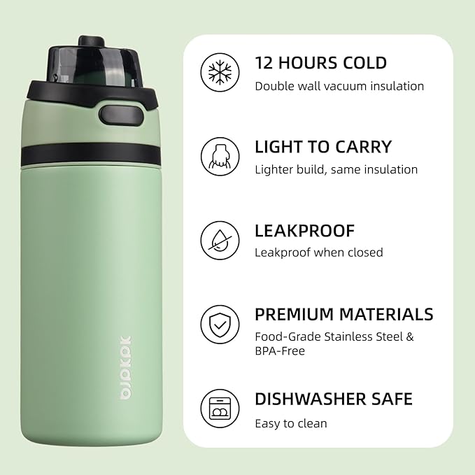 BJPKPK 17oz Insulated Water Bottle with 2-1 Straw Spout Lid, Stainless Steel Metal Water Bottles with Carry Handle, BPA Free, Leak-Proof, Fits in Car Cup Holder, Thermo for Sports,Macaron Green