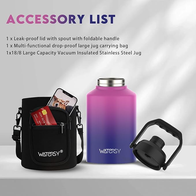 WATERSY Half Gallon Water Bottle Insulated(Cold for 48 Hrs),BPA Free&Leak Proof,64oz Stainless Steel Water Jug/Flask,Big thermo,Large Water Bottle with Handle for Gym,Hiking,Camping,Gradient Purple