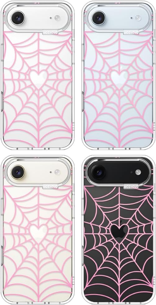 MOSNOVO for iPhone Air Case, Shockproof Military-Grade Protection 6.6ft Drop Tested, Camera Control, Clear Phone Case for iPhone 17 Air, Pink Spiderweb Design