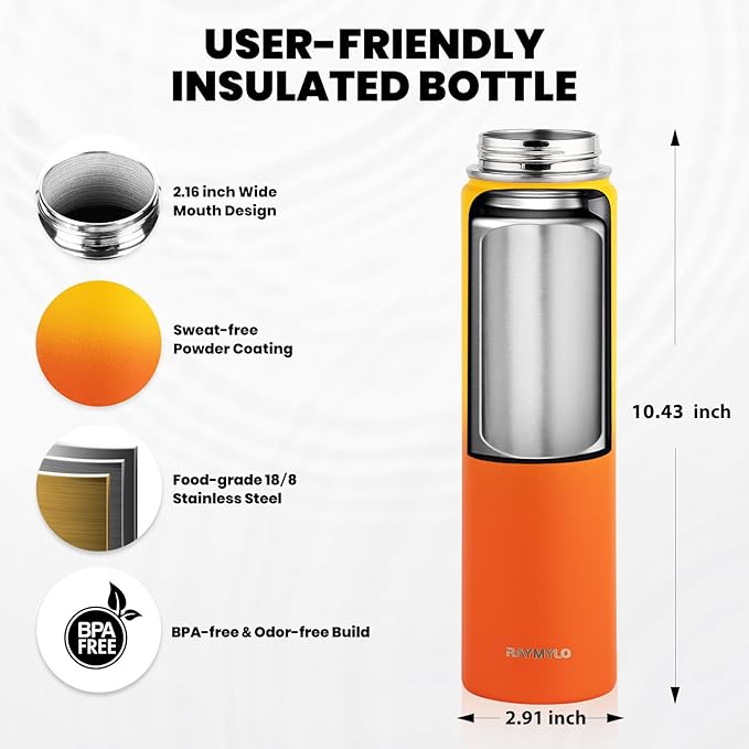 RAYMYLO Insulated Water Bottle 24oz, Triple Wall Vacuum Stainless Steel (Cold for 24Hrs, Hot for 12Hrs), Leak Proof & Non-BPA, 24oz Hydro Water Flask with Paracord Handle & Straw Spout Lids