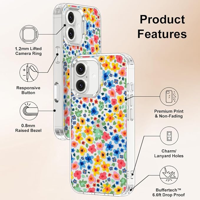 MOSNOVO Case for iPhone 16, [Buffertech 6.6ft Military-Grade Drop Protection] [Anti Peel Off Tech] Clear TPU Bumper Phone Case Cover Design - Little Flowers