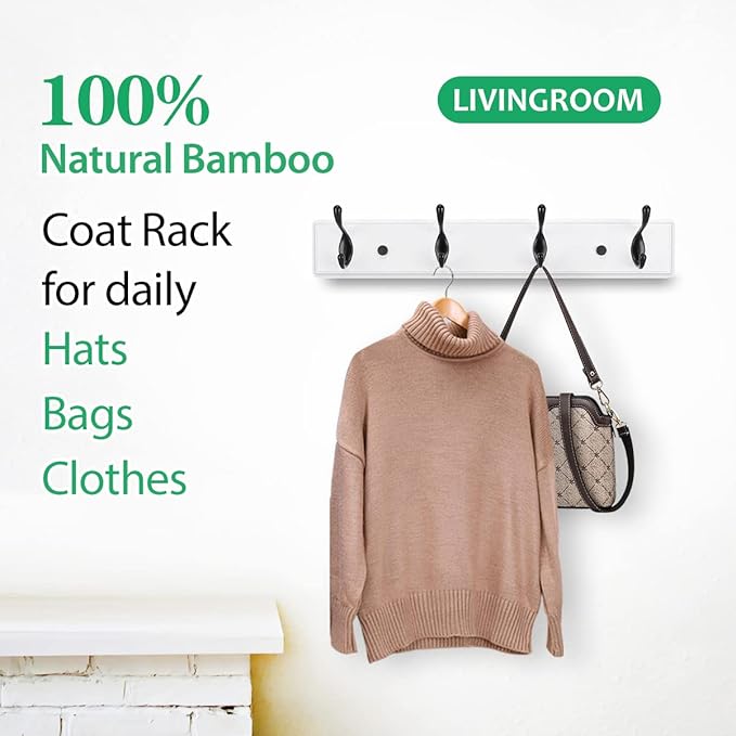Badiano Wooden Coat Rack, Wall-Mounted Organizer for Closet, Entryway, Hallway, Foyer, Bedroom, Heavy Duty Double Hooks for Hanging Towels, Bags, Hats, Jackets, Key (WhiteBlack, 4 Hooks)