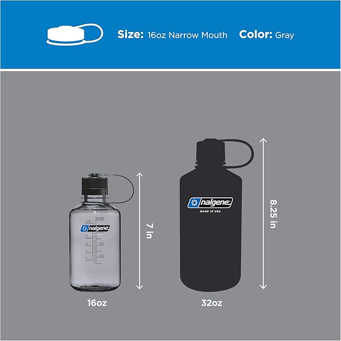 Nalgene 16 oz Narrow Mouth Water Bottle | BPA-Free, Durable & Leak Proof, Lightweight Travel Bottle, Fits In Cupholders, Gray