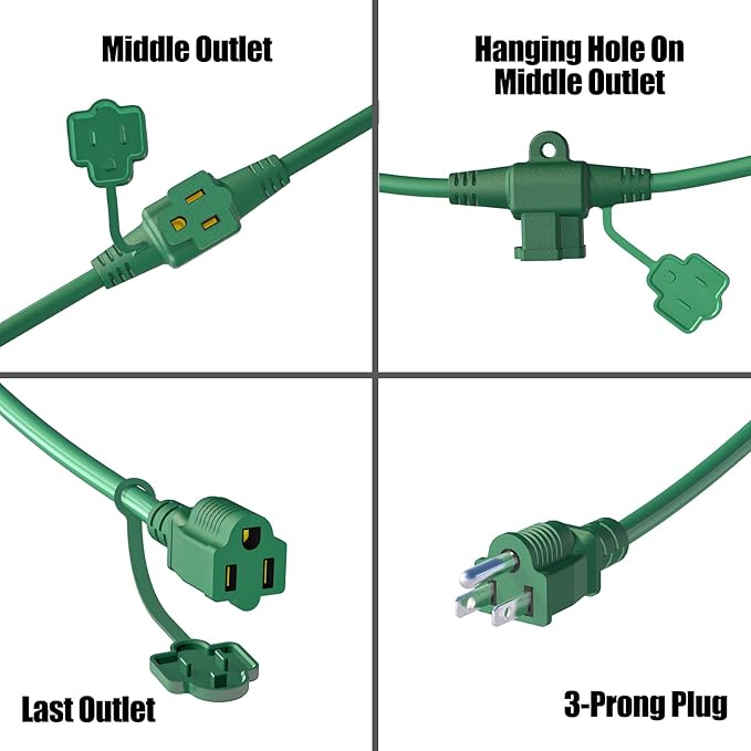 Eversimpleinc 50FT Outdoor Extension Cord with 6 Outlets Evenly Spaced··, with Waterproof Cover, Ideal for Outdoor Decoration Lawn Patio Lights, 16AWG/3C SJTW, ETL Listed