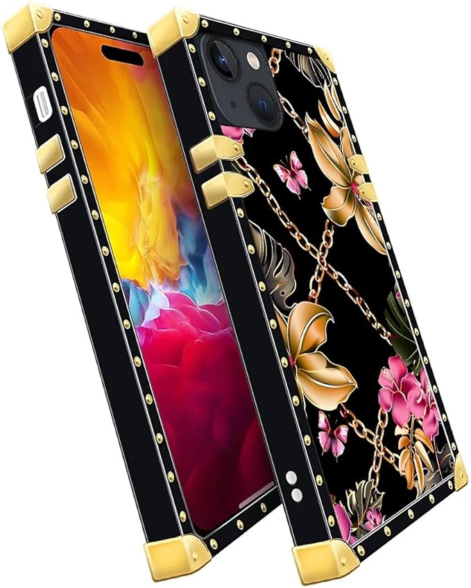 Compatible with iPhone 15 Case, Pink Golden Chain Tropical Flower Luxury Golden Decoration for Girl Women Soft TPU Shockproof Protective Hard PC Back for iPhone 15
