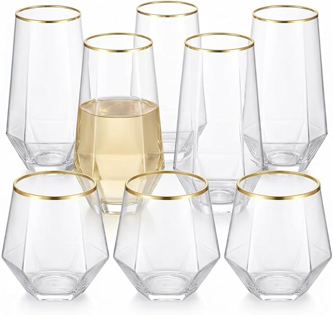 48 Pack Diamond Gold Rim Unbreakable Stemless Plastic Glasses 24 9oz Stemless Champagne Flutes & 24 12oz Cups BPA-Free, Disposable, Shatterproof Drinkware for Weddings, Bars, Events and parties