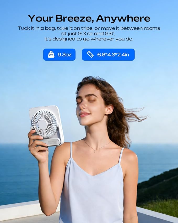 Otlonpe Personal Portable Desk Fan, 4000mAh Small Rechargeable Portable Fan Battery Operated & USB Powered for Travel Sleeping Bedroom Office Home Table, Cordless, Quiet, 4-Speed, 6.5 Inch (White)
