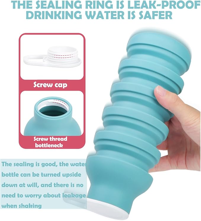 Collapsible Silicone Water Bottle – Foldable Travel Water Bottle Leakproof, BPA Free, Portable & Space-Saving – Perfect for Gym, Hiking,Travel(carabiner and cleaning brush),Light green
