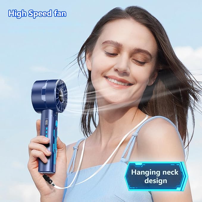 2pcs portable handheld fan personal fan portable neck fan small rechargeable fan usb mini small fan high speed motor lasts 4-16 hours 4-speed lanyard fan for summer outdoor travel children (G2-Blue)