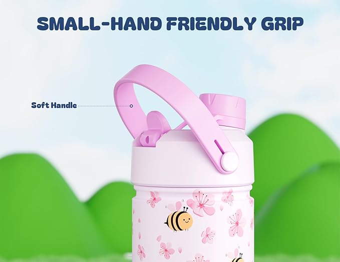 12 oz Kids Stainless Steel Water Bottle: 2-in-1 Straw Spout Lid, Leakproof, BPA-Free, Easy Clean, Keep Cold 24H, Cute Patterns, Stainless Steel Cup for School, Travel, Playtime, Gift (Bee in Bloom)