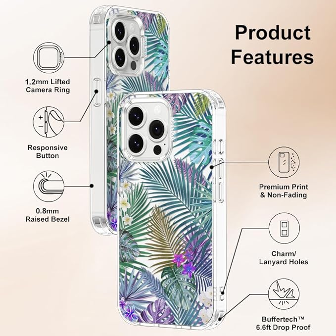 MOSNOVO Case for iPhone 14 Pro Max, [Buffertech 6.6ft Military-Grade Drop Protection] [Anti Peel Off Tech] Clear TPU Bumper Phone Case Cover Design - Tropical Rainforests