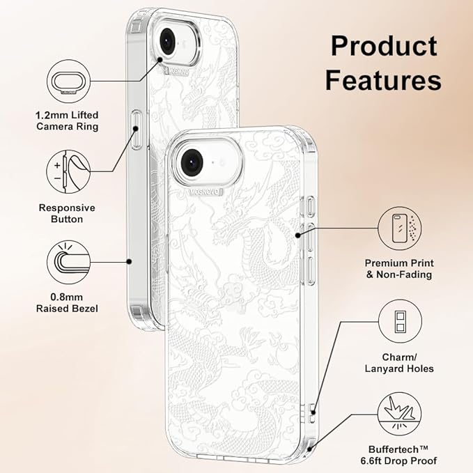 MOSNOVO for iPhone 17e Case/iPhone 16e Case, Shockproof Military-Grade Protection 6.6ft Drop Tested, Clear Phone Case for iPhone 16e / iPhone 17e, White Dragon Design