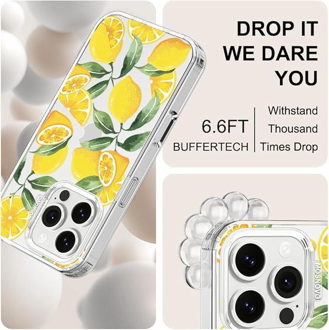 MOSNOVO Case for iPhone 16 Pro, [Buffertech 6.6ft Military-Grade Drop Protection] [Anti Peel Off Tech] Clear TPU Bumper Phone Case Cover Design - Lemon