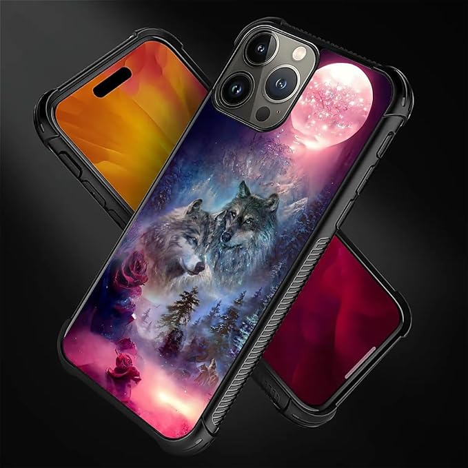 for iPhone 16 Pro Max Case, Star Two Wolfs Howling Pattern Graphic Design Girl Boy Soft Silicone Hard Acrylic Shock Protection for iPhone 16 Pro Max