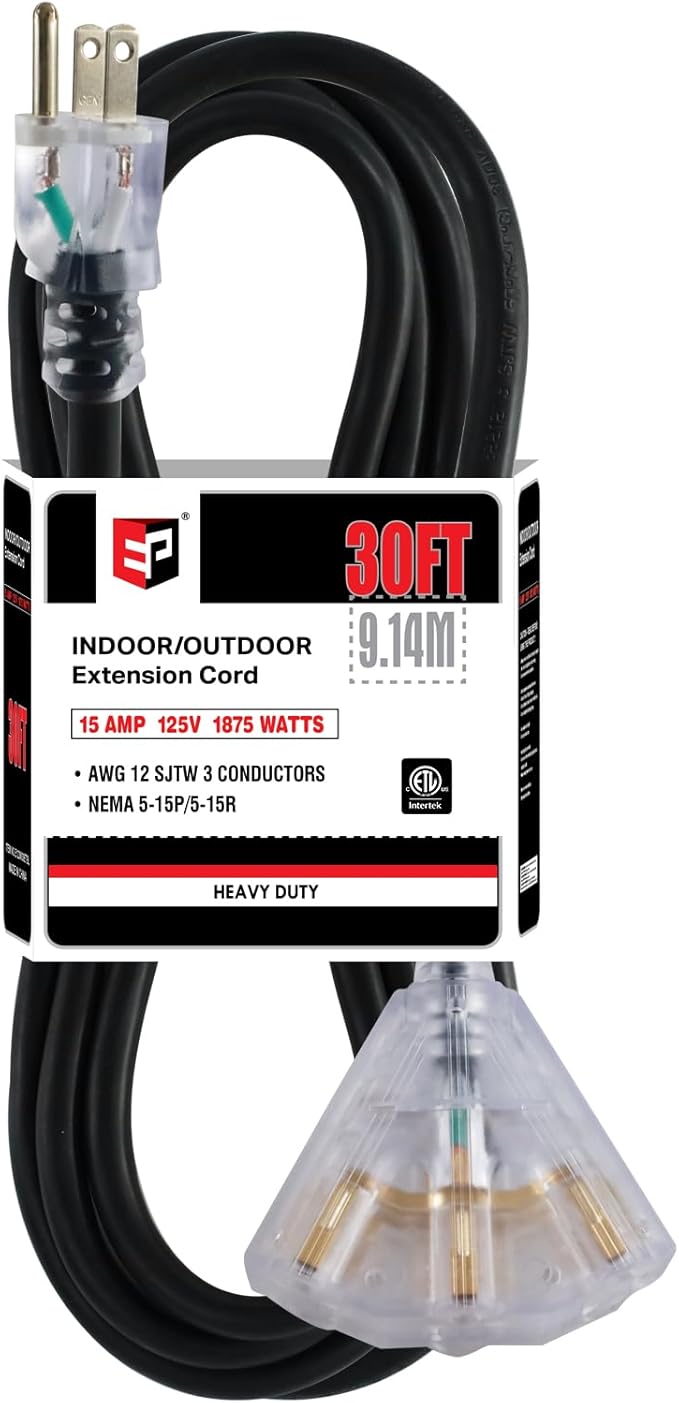EP 30 Ft 12 Gauge Heavy Duty Extension Cord, 15A 125V 1875W, 3 Outlet Indoor/Outdoor Power Cord with Lighted End, 12/3 SJTW Weatherproof Black