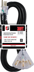 EP 30 Ft 12 Gauge Heavy Duty Extension Cord, 15A 125V 1875W, 3 Outlet Indoor/Outdoor Power Cord with Lighted End, 12/3 SJTW Weatherproof Black